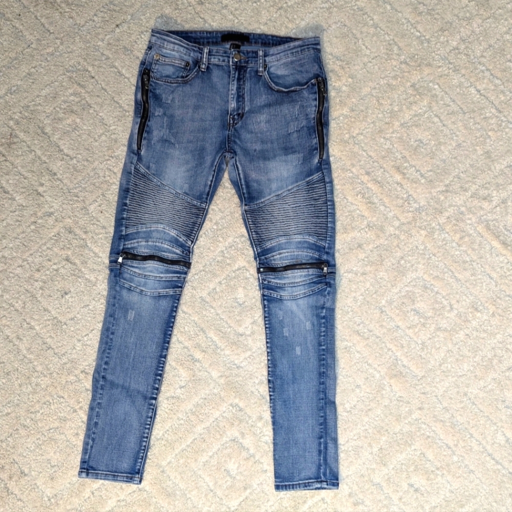 Skinny Moto Stretch Blue Jeans Lightly Distressed, Size 31